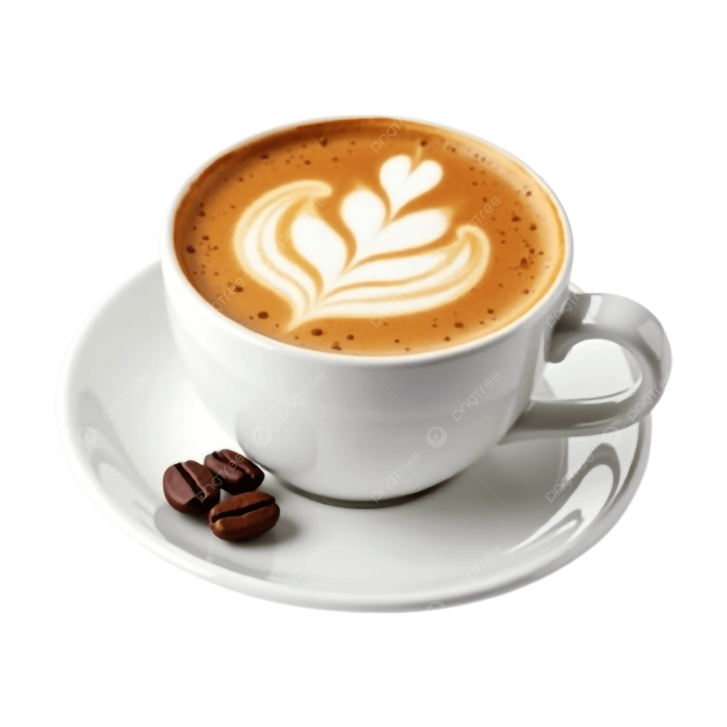 Taza de café con leche espumosa y granos alrededor